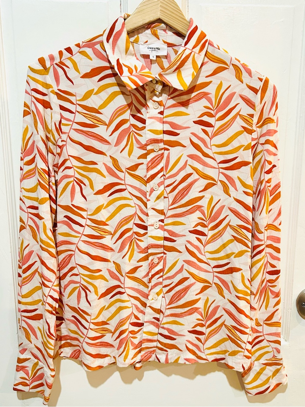 Grace & Mila Orange Leaf Print Long Sleeve Button Down Top Casual Office Size S